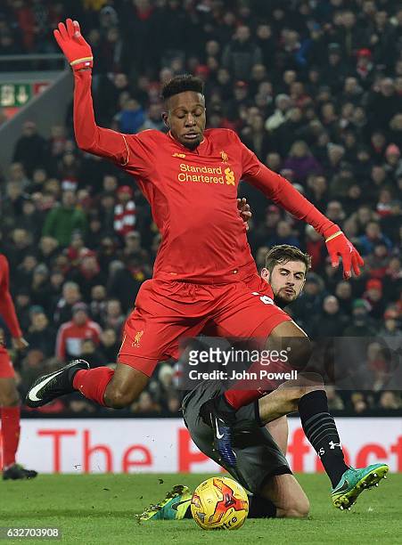 Divock Origi of Liverpool goes down in the Southampton box for a penalty claim not given in the last minute during the EFL Cup Semi-Final second leg...
