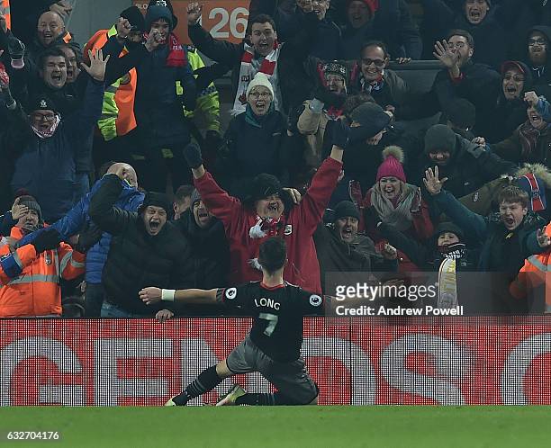 Shane Long of Southampton Scores the winner and celebrates during the EFL Cup Semi-Final second leg match between Liverpool and Southampton at...
