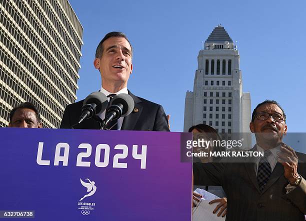 Los Angeles Mayor Eric Garcetti announces the Los Angeles City Councils 13-0 unanimous final approval vote to bid for the 2024 Summer Olympics in Los...