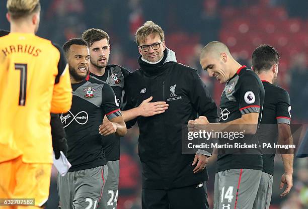 Liverpool manager Jurgen Klopp congratulates the Southampton players after the EFL Cup Semi Final, Second Leg match at Anfield, Liverpool.