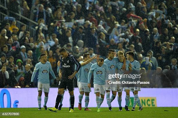 Danilo of Real Madrid reacts after Daniel Wass of Celta de Vigo scores a goal during the Copa del Rey quarter-final second leg match between Real...