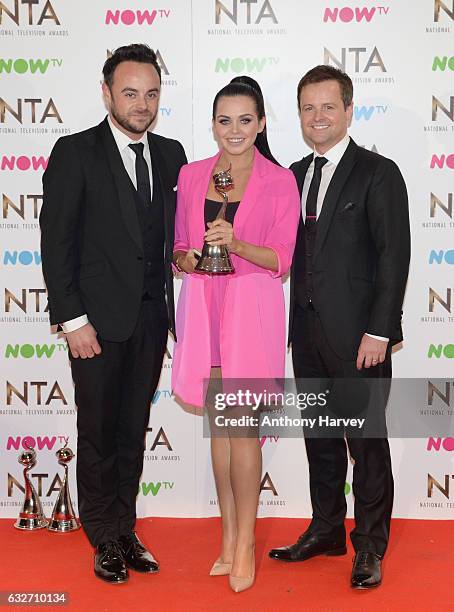 Anthony McPartlin, Declan Donnelly and Scarlett Moffatt with the Best Challenge Show award for I'm a Celebrity... Get Me Out of Here, on stage during...