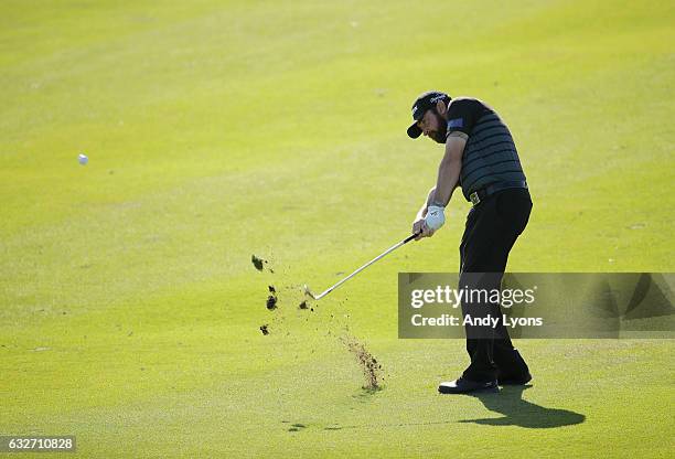 Jimmy Gunn hits his second shot on the 11th hole during the final round of The Bahamas Great Abaco Classic at the Abaco Club on January 25, 2017 in...