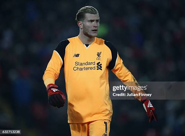 Loris Karius, goalkeeper of Liverpool looks on during the EFL Cup Semi-Final Second Leg match between Liverpool and Southampton at Anfield on January...