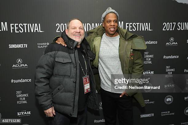 Executive Producer Harvey Weinstein and executive producer and rapper Shawn "Jay-Z" Carter attend the "TIME: The Kalief Browder Story" Sundance World...