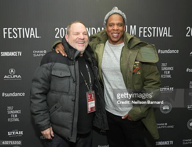 Executive Producer Harvey Weinstein and executive producer and rapper Shawn "Jay-Z" Carter attend the "TIME: The Kalief Browder Story" Sundance World...