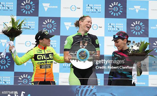 Kirsten WIld of the Netherlands and the Cylance Pro Cycling Team second place Chloe Hosking of Ausralia and Ale Cipollini and third place Lisa...