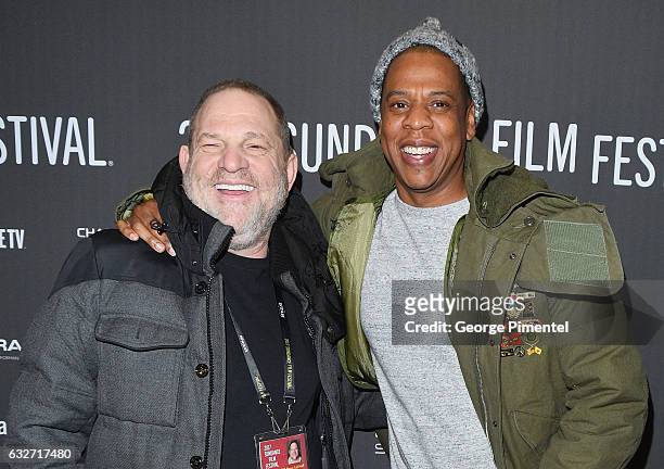 Executive producer Harvey Weinstein and Jay Z attend the "Time: The Kalief Browder Story" Premiere - 2017 Sundance Film Festival at The Marc Theatre...