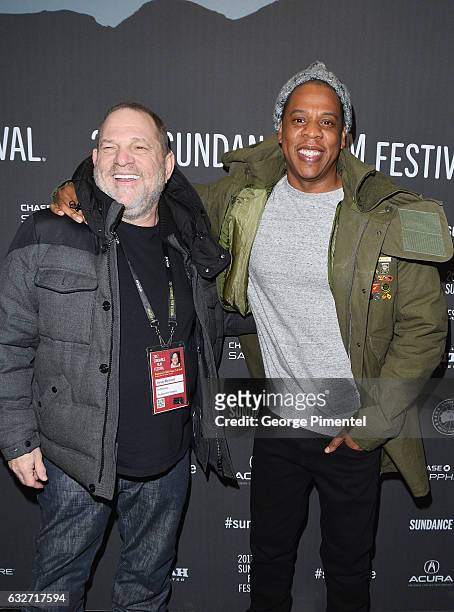 Executive producer Harvey Weinstein and Jay Z attend the "Time: The Kalief Browder Story" Premiere - 2017 Sundance Film Festival at The Marc Theatre...