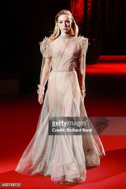 Model walks the runway during the Ulyana Sergeenko Haute Couture Spring Summer 2017 show at Cirque d'Hiver as part of Paris Fashion Week on January...