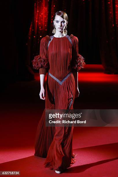 Model walks the runway during the Ulyana Sergeenko Haute Couture Spring Summer 2017 show at Cirque d'Hiver as part of Paris Fashion Week on January...