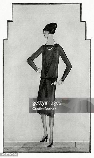 Illustration of a model wearing a black long-sleeved dress with a series of tucks that cross in the front, which is Chanel's Little Black Dress -...