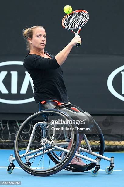 Jiske Griffioen of the Netherlands plays a shot in her Wheelchair Singles - Semifinal match against Sabine Ellerbrock of Germany during the...