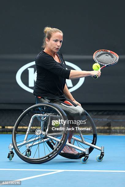 Jiske Griffioen of the Netherlands plays a shot in her Wheelchair Singles - Semifinal match against Sabine Ellerbrock of Germany during the...