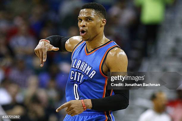 Russell Westbrook of the Oklahoma City Thunder reacts after scoring during the first half of a game against the New Orleans Pelicans at the Smoothie...