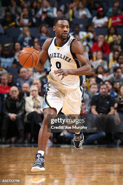 Tony Allen of the Memphis Grizzlies handles the ball during the game against the Toronto Raptors on January 25, 2017 at FedExForum in Memphis,...