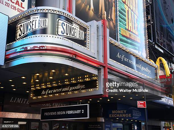 Theatre Marquee for the 'Sunset Boulevard' starring Glenn Close at The Palace Theatre on January 25, 2017 in New York City.
