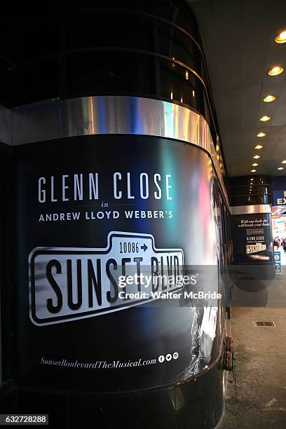 Theatre Marquee for the 'Sunset Boulevard' starring Glenn Close at The Palace Theatre on January 25, 2017 in New York City.