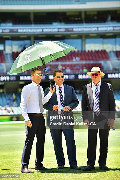 Former Australian cricket captains and channel 9 commentators Michael Clarke, Mark Taylor and Ian Chappell look on prior to game five of the One Day...
