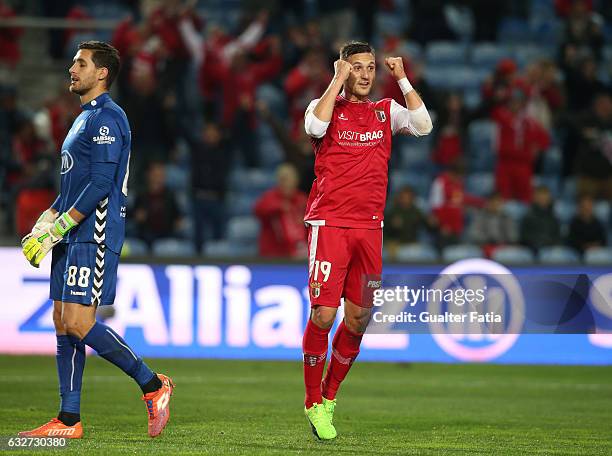 Braga's Serbian forward Nikola Stojiljkovic celebrates after scoring a goal during Portuguese League Cup Semi Final match between Vitoria Setubal and...