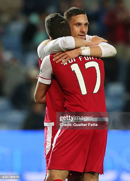 Braga's Serbian forward Nikola Stojiljkovic celebrates with teammate SC Braga's Portuguese forward Rui Fonte after scoring a goal during Portuguese...