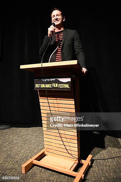 Sundance Programming Director Trevor Groth speaks onstage at the "Rememory" Premiere on day 7 of the 2017 Sundance Film Festival at Library Center...