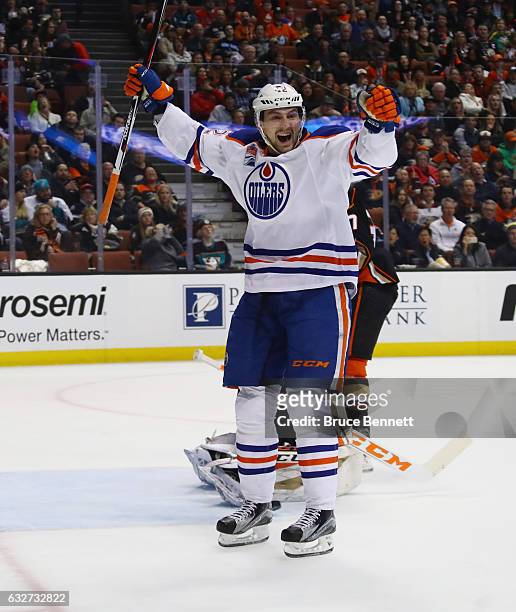 Anton Slepyshev of the Edmonton Oilers celebrates a second period goal by Milan Lucic against the Anaheim Ducks at the Honda Center on January 25,...