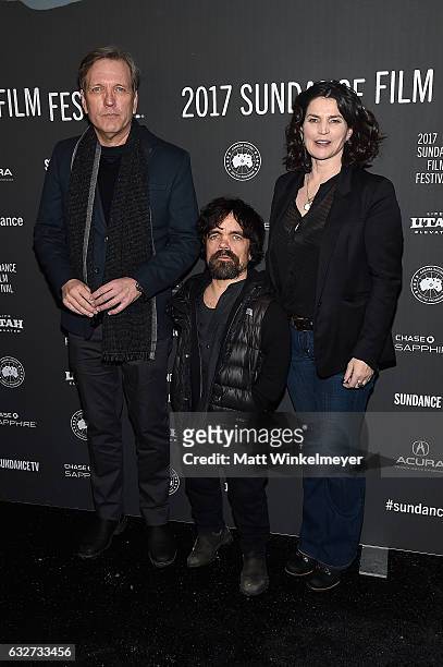 Actor Martin Donovan, actor Peter Dinklage, and actress Julia Ormond attend the "Rememory" Premiere on day 7 of the 2017 Sundance Film Festival at...