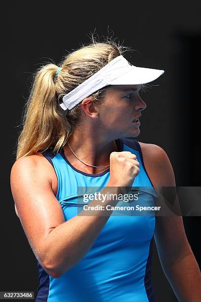 CoCo Vandeweghe of the United States celebrates winning a point in her semifinal match against Venus Williams of the United States on day 11 of the...