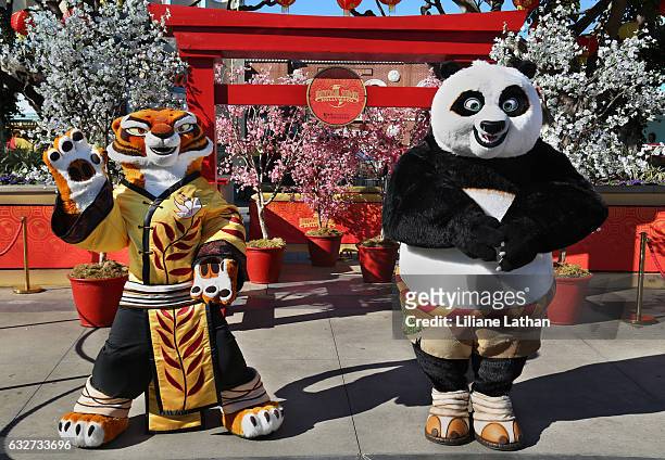 Tigress and Po from the "Kung Fu Panda" film series pose at Universal Studios Hollywood on January 25, 2017 in Universal City, California.