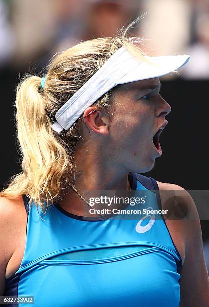 CoCo Vandeweghe of the United States celebrates winning a point in her semifinal match against Venus Williams of the United States on day 11 of the...