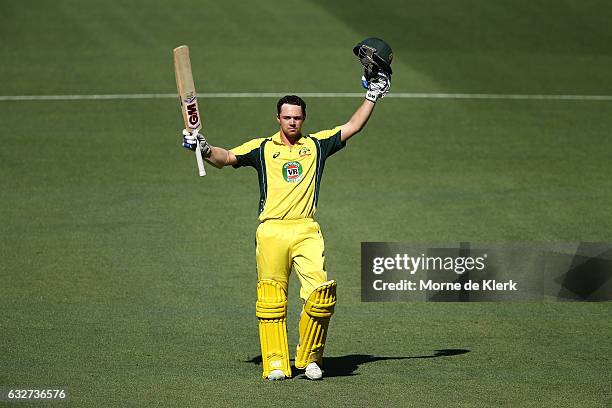 Travis Head of Australia celebrates after reaching 100 runs during game five of the One Day International series between Australia and Pakistan at...