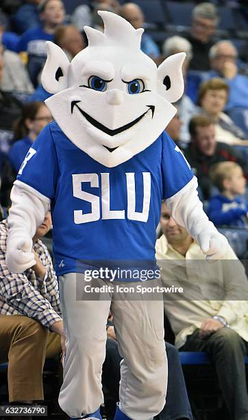 The newly re-designed Saint Louis University mascot watches during an Atlantic 10 college basketball game between the University of Massachusetts...