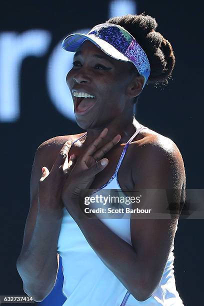 Venus Williams of the United States celebrates winning match point in her semifinal match against CoCo Vandeweghe of the United States on day 11 of...