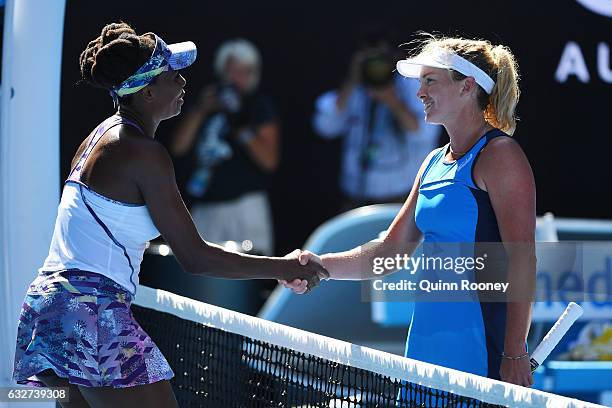 Venus Williams of the United States is congratulated by CoCo Vandeweghe of the United States after winning their semifinal match against on day 11 of...