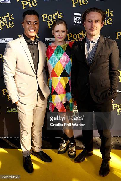James Rolleston, Ashleigh Cummings and Dean O'Gorman arrive ahead of the Pork Pie World Premiere at Auckland Civic Theatre on January 26, 2017 in...