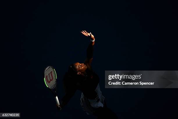 Serena Williams of the United States serves in her semifinal match against Mirjana Lucic-Baroni of Croatia on day 11 of the 2017 Australian Open at...