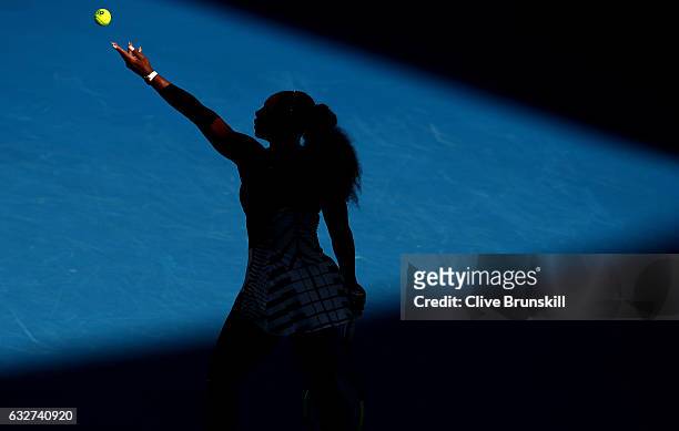 Serena Williams of the United States serves in her semifinal match against Mirjana Lucic-Baroni of Croatia on day 11 of the 2017 Australian Open at...