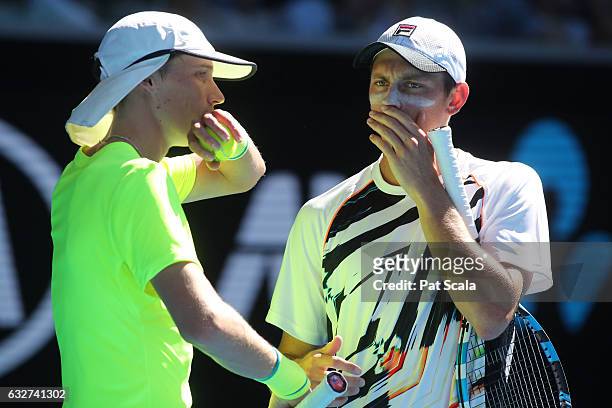 Marc Polmans and Andrew Whittington of Australia compete against Henri Kontinen of Finland and John Peers of Australia in their doubles semifinal...