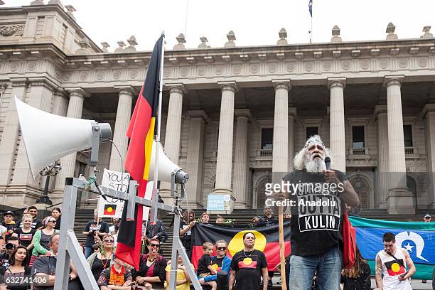 An elder protester speaks during a protest, organized by Aboriginal rights activists on Australia Day in Melbourne, Australia on January 26, 2017....