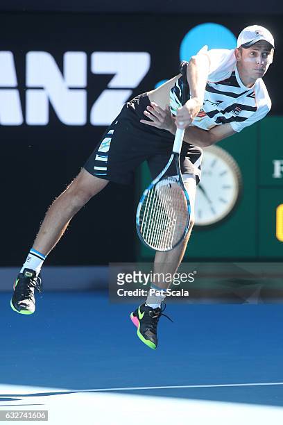 Andrew Whittington of Australia compete against Henri Kontinen of Finland and John Peers of Australia in their doubles semifinal match on day 11 of...