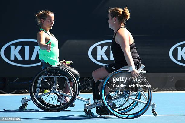 Jiske Griffioen and Aniek Van Koot of the Netherlands compete in their Wheelchair Doubles - Semifinal match against Marjolein Buis of the Netherlands...