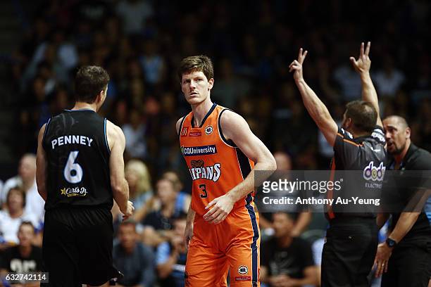 Cameron Gliddon of the Taipans reacts after scoring a three pointer during the round 17 NBL match between the New Zealand Breakers and the Cairns...