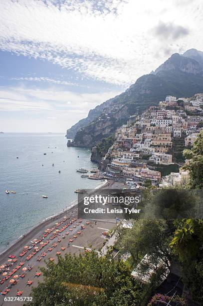 View over the village of Positano from the Path of the Gods, a hiking trail on the Amalfi coast that is said to run so close to heaven that it is in...