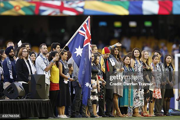 An Australia Day citizenship ceremony takes place before the round 17 A-League match between the Melbourne Victory and Sydney FC at Etihad Stadium on...