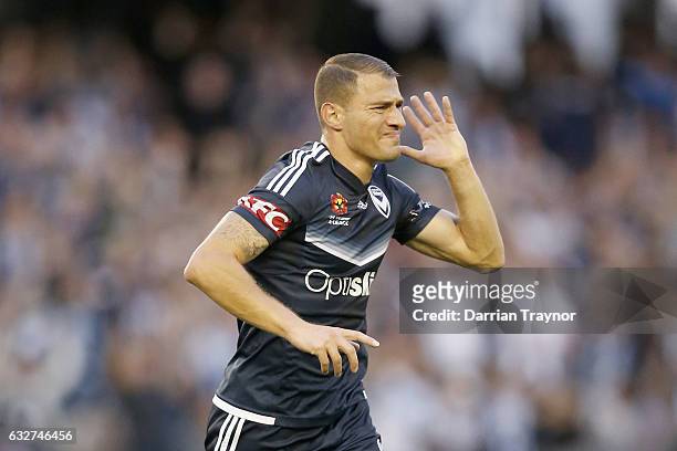 James Troisi of the Victory celebrates a goal during the round 17 A-League match between the Melbourne Victory and Sydney FC at Etihad Stadium on...