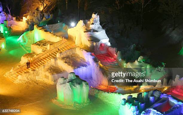 General view of the Sounkyo Hot Spring Icefall Festival on January 25, 2017 in Kamikawa, Japan. The festival is until March 20.