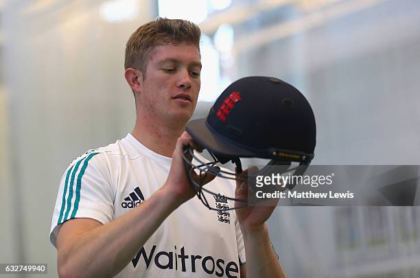 Keaton Jennings of England looks on during a nets session at Loughborough University on January 25, 2017 in Loughborough, England.