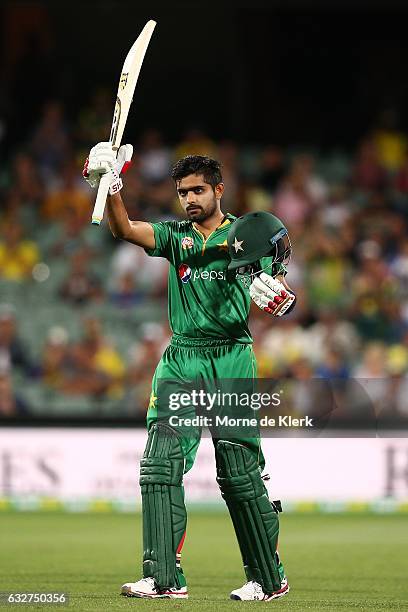 Babar Azam of Pakistan celebrates after reaching 100 runs during game five of the One Day International series between Australia and Pakistan at...