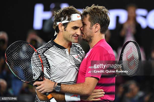 Stan Wawrinka of Switzerland congratulates Roger Federer of Switzerland on winning their semifinal match on day 11 of the 2017 Australian Open at...